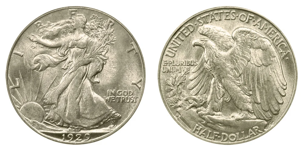 1929 Walking Liberty Half Dollar obverse and reverse showing Liberty striding toward the sun