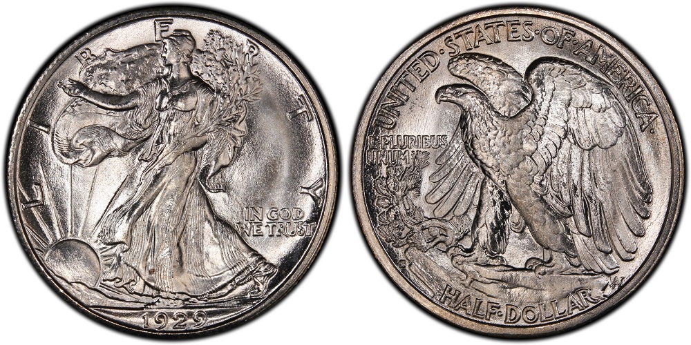 Side-by-side comparison of circulated 1929-S Walking Liberty half dollar versus Gem Mint State example showing luster and strike differences