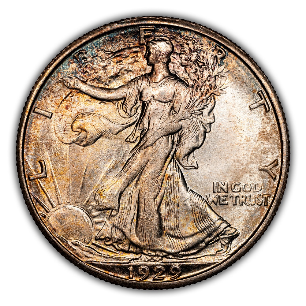 1929 Walking Liberty half dollar doubled die obverse showing doubling on date numerals and IN GOD WE TRUST motto under magnification
