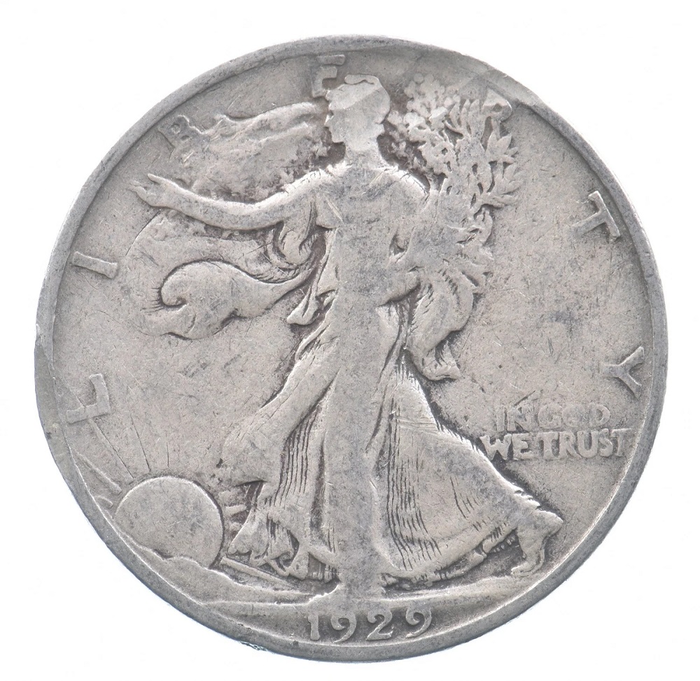 1929 Walking Liberty half dollar broadstrike error showing expanded diameter with no collar rim constraint