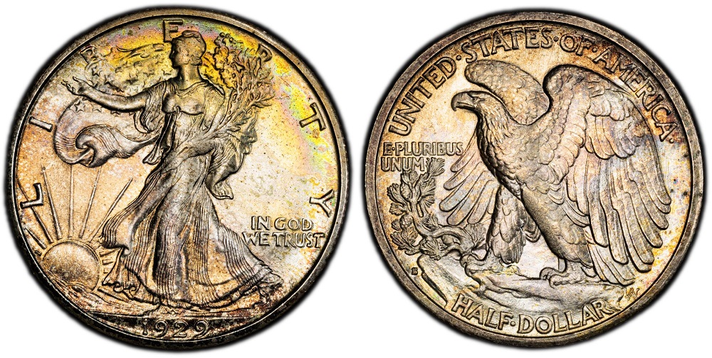Grading strip showing four 1929 Walking Liberty half dollar specimens from Good condition to Gem Uncirculated, illustrating condition progression